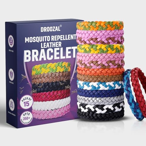 15 Pack Mosquito Repellent Bracelet - Adjustable Leather Band, Triple Strength 350+ Hours Protection, Natural DEET-Free Anti Bug for Adults, Travel Essentials Waterproof Insect Repellent Bracelet Band