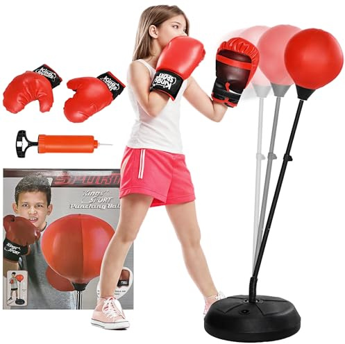 AIYAPLAY Punchingball für Kinder Box-Set mit Boxhandschuhen, Ständer, 122,5-147 cm höhenverstellbar Boxstand für Mädchen & Jungen, Stahl, Rot