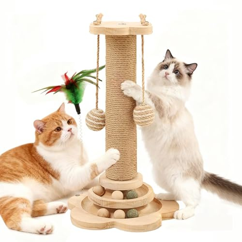 Xeticey Cat Scratching Post Wooden Scratch Pole for Indoor Kitten Cats Tree with Scratcher Post, Solid Wooden Base, Natural Sisal, Multifunctional Interactive Track (46cm Tall)