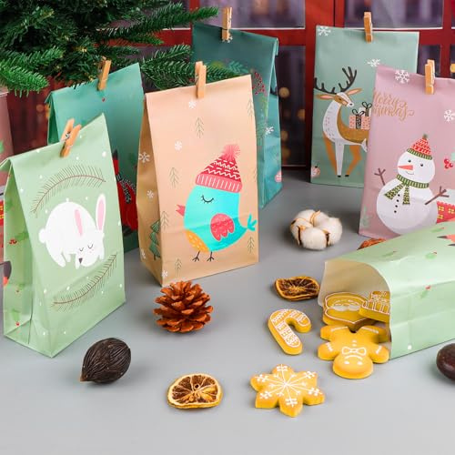 24 Stück Bunt Papiertüten mit 24 Aufkleber und 25 Klammer | 22X17cm Geschenktüten Kindergeburtstag Papier Candy Tüten für Weihnachtsgeschenken Verpacken Kindergeburtstag Hochzeit Party