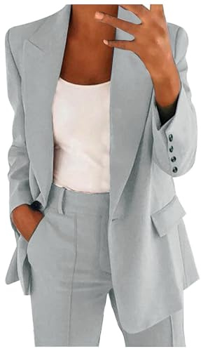 Women's Trouser Suits Plus Size Elegant Work Business Office Casual Button Dressy Formal Jacket and Elasticated High Waist Trousers Ladies 2 Piece Outfits Blazer Outfit Set Wedding Guest Grey