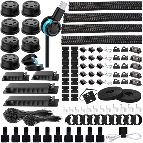 ELII 328Pcs Cable Management Kit, 8 Magnetic Cable Holder 69 Cable Clips | 4 Cable Sleeve Split,22Reusable Cable Strap,200 Nylon Cable Zip Ties ,25 Mounts TV Office,Nontoxic,Extra Strong Durable