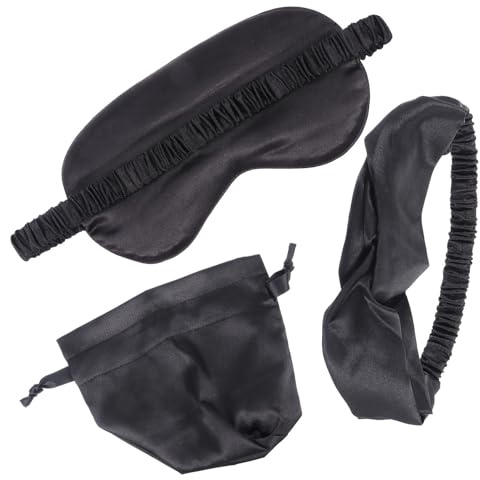 UPKOCH Ensemble 3 Pièces Masque De Sommeil Opaque, Bandeau En Tissu Imitation Soie Noir, Serrage-tête Ajustable, Confort Pour Voyage, Nuit Et Détente, Cache-yeux Femmes, Accessoire Sommeil