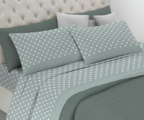 Riad Arredo Set Completo Letto in Flanella 100% Caldo Cotone Antipalline - Completo Lenzuola Morbide - Made In Italy (Pois Salvia, Matrimoniale)
