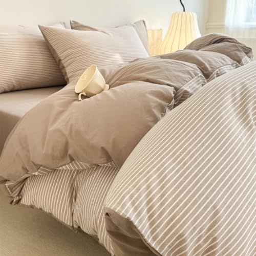 Nesture Bettwäsche 140x200 Baumwolle 2teilig, Beige Streifen | 100% Baumwolle, gewaschene Leinenoptik, 1x Bettbezug 140x200 + 1x Kissenbezug 80x80cm, Bettwäsche-Sets, Weich & atmungsaktiv