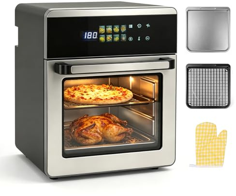 Heißluftfritteuse 16L Edelstahl, 8-in-1 Airfryer Ofen mit Grillfunktion | Multifunktionsofen zum Backen, Grillen und Dörren, inklusive Backblech, Dörrblech und Ofenrost für vielseitige Küche