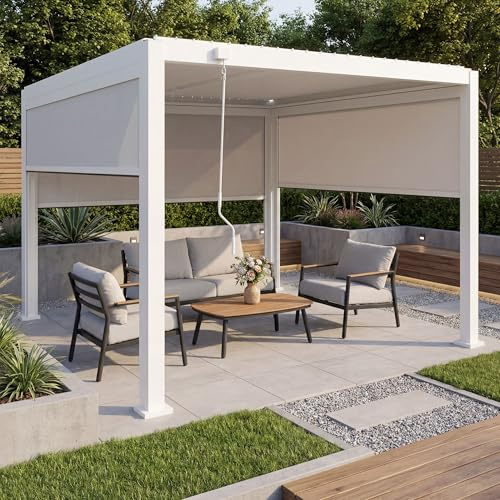 Mendler Pergola HWC-P65 mit 3X Seitenwand 10cm-Alu-Gestell 3x3m - weiß | Rollo, Terrassenüberdachung, Garten, Lamellenpavillon