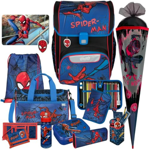 Scooli Schulranzen 1.Klasse Jungen EasyStart Schulranzen-Set geeignet für Spiderman-Fans (12tlg. mit Sporttasche, Brotdose, Trinkflasche, Stifteköcher, passend Geldbörse, Platzdeckchen, Schultüte)