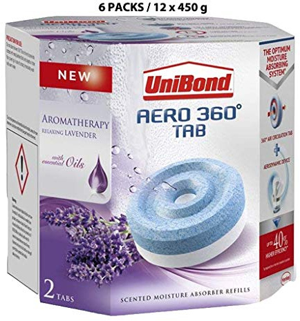 UniBond Aero 360° Moisture Absorber Relaxing Lavender Refill Tabs, 12 x 450 g,
