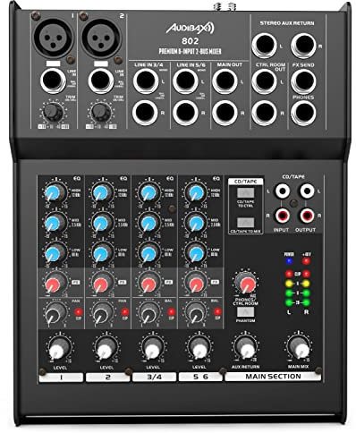 Audibax 802 - Console di Mixaggio Suono - Mixer Audio a 6 Canali - 2 Preamplificatori Microfonici - 2 Ingressi Jack Stereo - Equalizzatore a 3 Bande - Alimentazione Phantom 48 V