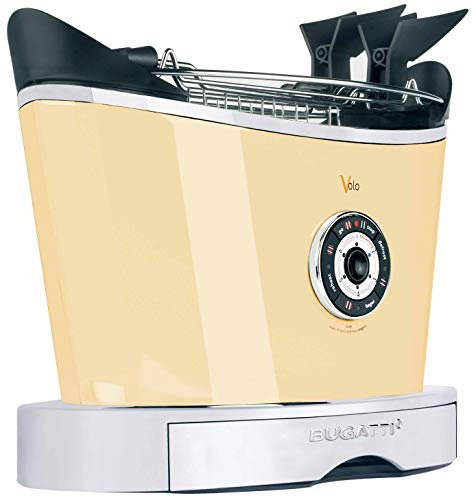 BUGATTI, Volo, Tostapane Elettronico con pinze, 4 Funzioni, 6 Livelli di Tostatura, Design innovativo, Corpo in Acciaio Inox, Potenza 930 W (Crema)