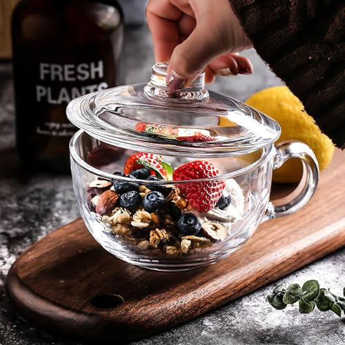 ITODA 550ml Microwavable Glass Cup with Lid, Large Coffee Mugs Home Breakfast Oatmeal Cup Salad Cups Tempered Glass Wide Mouth Mugs with Handle for Soup, Coffee, Latte, Cereal, Ice Cream
