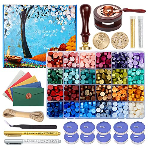 Comealltime Wax Seal Kit with Gift Box, 624 Pcs 24 Colors Sealing Beads, 2 Pcs Stamps, Sealing Wax Warmer, Metallic Pen, Envelope, Candles for Wedding Birthday Gift and DIY Craft, Sellado de Cera