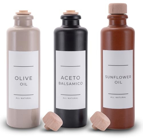 Lifestyle Lover Öl und Essig Set Steinzeug Keramik Spender Falsche Olivenöl Balsamico mit Ausgießer und Naturkorken 200ml (3er Pack Olive Oil, Balsamico, Sunflower)