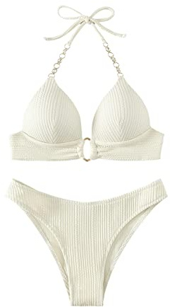 GORGLITTER Push up bikini dam set bikini med strass kedja halterneck bikini tvådelad baddräkt med snörning badkläder, Beige, M