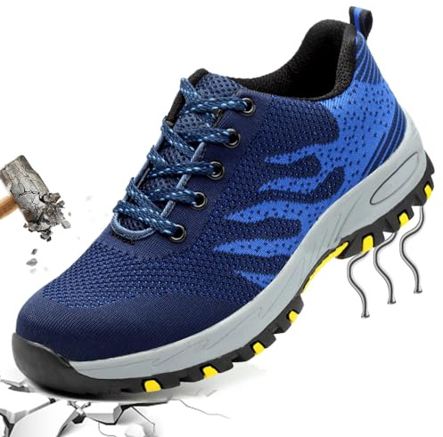 PHMNZIP Arbeitsschuhe Herren Leicht 45 Sicherheitsschuhe mit Stahlkappe Arbeit Schuhe Männer Sicherheit Sneaker Turnschuhe Sportlich Schutzschuhe für Kinder Jungen Blau