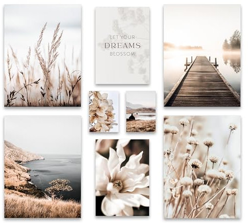 ARTFAVES® Set di poster - NATURA VINTAGE BEIGE - decorazione da parete in più parti Soggiorno e camera da letto - 8 quadri da parete moderni natura, fiore, piante, beige, lago - senza cornice