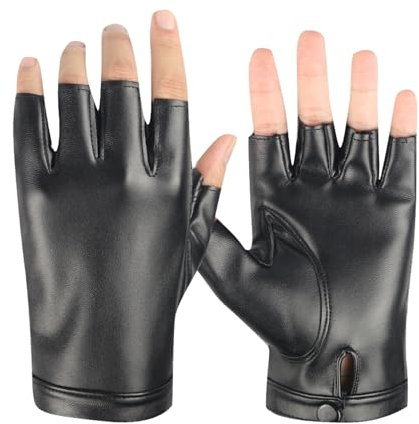 Long Keeper Lederhandschuhe Fingerlose für Herren Damen Ungefüttert Schwarze Halbfinger Handschuhe Leder Punk Costume für Autofahrer Fahren Cosplay Outdoor