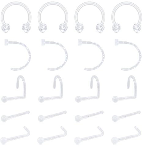 WillTen 20PCS Plastik Nasenstecker Verstecken Piercing für Schule, 20G Clear Nose Ring Nase Piercing mit Transparenten Pailletten Retainers Schmuck Set für Nase Septum Tragus Knorpel Helix