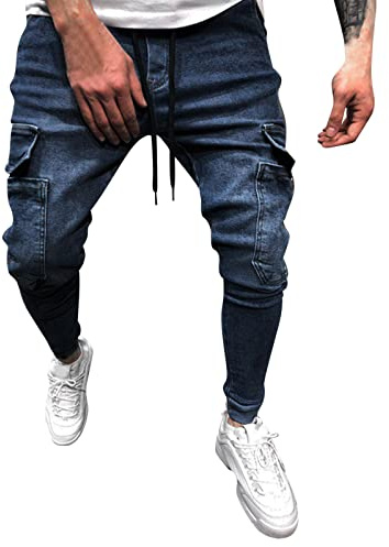 Generico Jeans Bianche Uomo Pantaloni Jeans a Punta Sottile in Tinta Unita con Coulisse in Vita Casual da Uomo Pantaloni Imbottiti Caccia