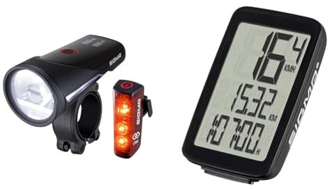 SIGMA SPORT Fahrradlicht Set Aura 100 USB/Blaze Link & Fahrrad Computer Pure 1, 4 Funktionen, Großes Display, Kabelgebundener Fahrradtacho, Schwarz