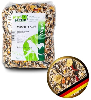 FumyFutter Papagei Frucht Mix, Exklusives Alleinfutter, Premium-Papageienfutter für Aras, Graupapageien und Amazonen, mit Früchten, Nüssen und Chilis verfeinert, 1,5kg, 1x Beutel
