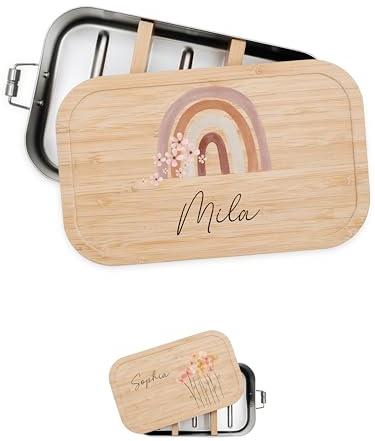 Bärenfreunde® - Personalisierte Brotdose für Kinder mit Spezial-Druck - Robuste Edelstahl Brotdose - Personalisierte Geschenke für Kinder & Erwachsene (Regenbogen Blumen,klein Weißblech)