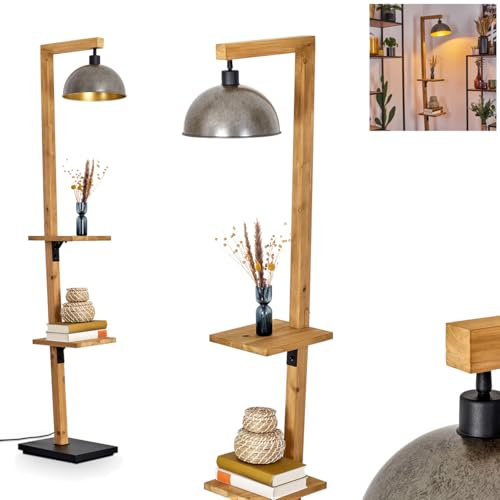 Baval golvlampa, golvlampa av trä/metall i natur/svart/guld, armatur i boho-stil, skandinavisk design (Ø 26 cm), höjd 165 cm, med fotpedal och hylla, 1x E27, utan glödlampa
