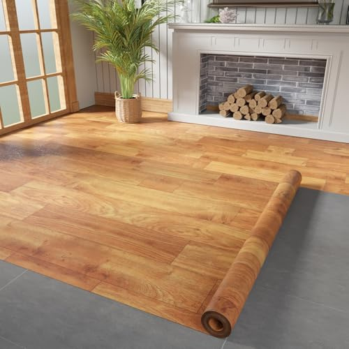 Oxdigi Vinyl Flooring Roll 32 sq.ft | 3'4W x 9'10L, PVC Leather-Like Linoleum Floor Covering, Waterproof Durable Heavy Vinyl, Easy to Install with Tape, Removable- No Adhesive Backing, Natural Oak