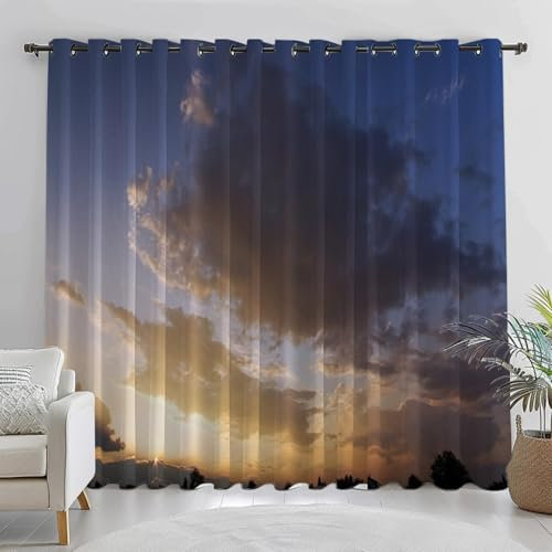 BTYWH Blickdichte Vorhänge mit Ösen Landschaft 3D Verdunkelungsvorhang 2er Set 132 x 160 cm Wolken Thermovorhang Kälteschutz Gardine Polyester für Schlafzimmer Kinderzimmer Wohnzimmer Dekoration