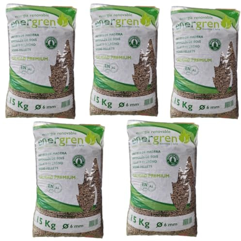 Pack 5 Unidades Saco de pellets de Madera 15kg. Certificado ENplus y Calidad A1. Ideal para chimeneas, Estufas o barbacoas. Diametro 6 mm. 100% Madera de Pino.