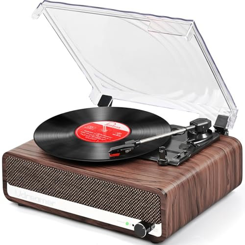 Udreamer Giradischi con altoparlante Bluetooth, vintage, in vinile, supporta USB, ingresso AUX, cuffie RCA Line-Out 3 velocità, trasmissione a cinghia, design a specchio, noce