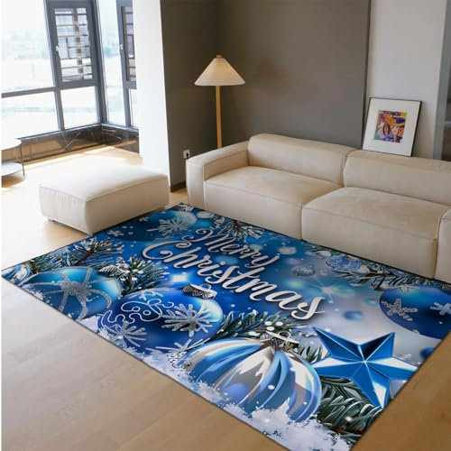 BYLEEHOMED Blaue Weihnachten waschbare Teppiche 60x120cm Winter Schneeflocke Bereich Teppich für Wohnzimmer Weicher Rutschfester großer Schlafzimmerteppich Große Urlaubsdekoration