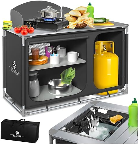 KESSER® Campingküche | Inkl. Tragetasche | Campingschrank Faltschrank | mit Aluminiumgestell | Reiseküche | Küchenbox | Zeltschrank | Outdoor Camping Küche | Anthrazit | Typ F4