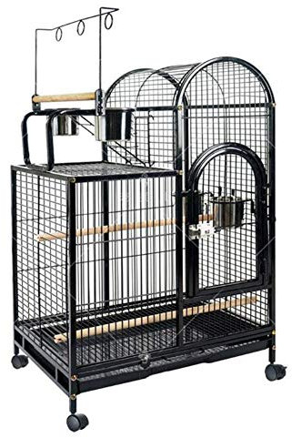 Klassischer schwarzer Vogelkäfig mit Rad, großer Papageienkäfig aus Metall, Reisevogelkäfig mit Tablett, Ständer, Stange,