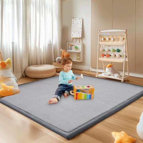 SUNYRISY Krabbelmatte Baby Spielmatte Spielteppich 200 x 200cm | 3.5cm Dicke Kinderzimmer Spielteppich Kinder Teppich, Rutschfester Unterseite Tatami Matte, Memory Schaum, Grau