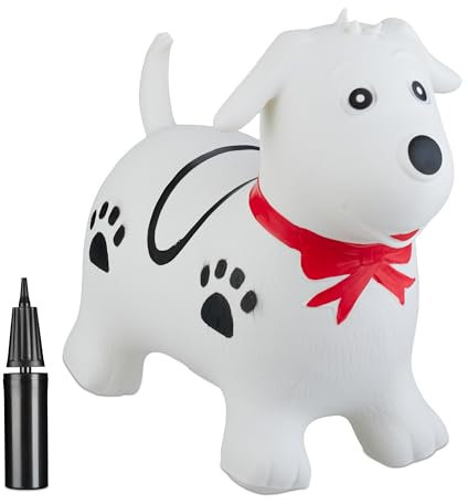 Relaxdays Hüpftier Hund, Springtier, bis 50 kg, BPA frei, für Kinder ab 3 Jahren, mit Schleife, Luftpumpe, Hopser, weiß