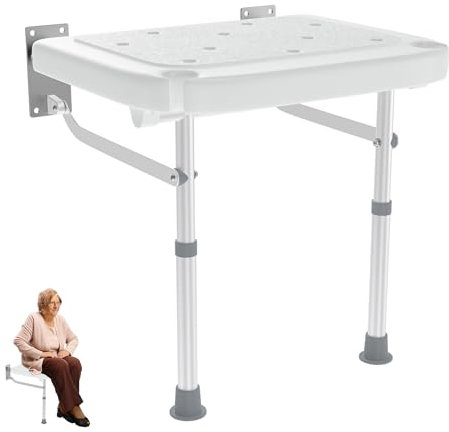 YRHome Sedia da doccia pieghevole per montaggio a parete, sedia da doccia, con supporto per doccia, sedile antiscivolo con drenaggio e altezza regolabile per anziani fino a 200 kg