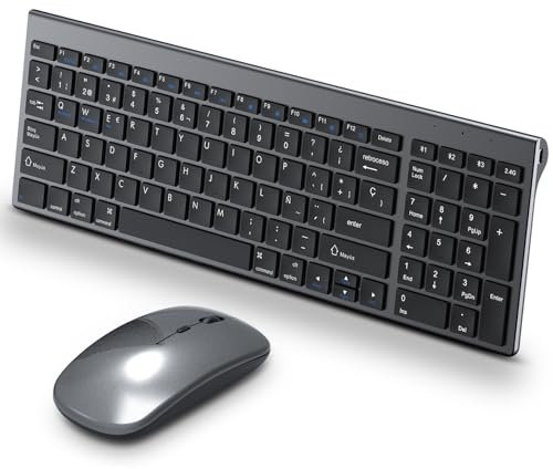Teclado y Ratón Inalámbricos Recargable Tsemy - Bluetooth 5.0 y USB 2.4G Dual Mode, Diseño Español Compacto y Silencioso - Compatible con Windows, Mac, PC, Tablet