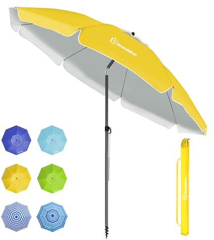 Grandekor Parasol de Plage, Parasol de Jardin Exterieur, UV50+, Ombrelle réglable en Hauteur et Inclinaison, avec Ancre de Plage de 12cm, pour Plage, Balcon & terrasse, 200cm, Jaune