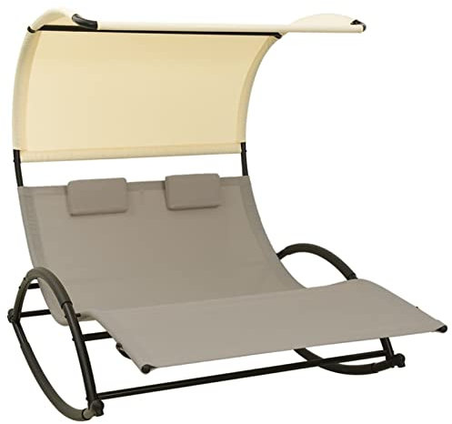 IKAYAA Doppel-Sonnenliege Doppelliege mit Sonnendach, Relaxliege, Gartenliege, Schaukelliege ergonomische Liegefläche, Textilene, Taupe und Creme