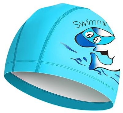 SSKHE Gorra de baño para niños y niñas, Gorra de baño de PU revestida impermeable y cómoda para 3-16 años, niños, niñas, pelo largo (azul claro)