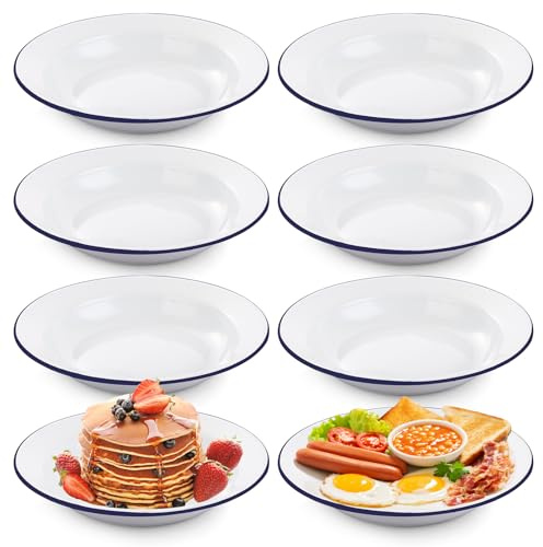 LDXDRU 8 Pack 24cm / 9.4 Inch Enamel Pie Dish, Enamel Roasting Tin with Blue Trim, White Enamelware Round Roasting Tray for Oven, Stove, Dishwasher Safe