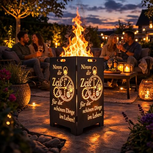TiKo-Design® Feuerkorb/Feuertonne aus 3 mm Stahl mit Zeit-Motiv – stabil & mobil, schneller Aufbau, ideal für Camping, Outdoor & Garten, zerlegbar