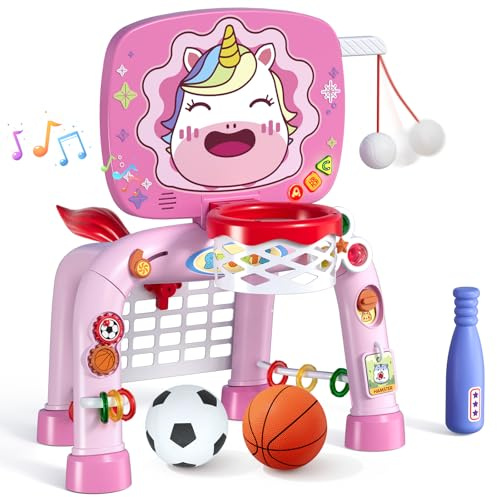 HYES 3 en 1 Enfants Panier de Basket avec Football Baseball, Basketball Stands avec Football Gate, Mini Panier Basket Activités d'apprentissage Jouets Cadeau pour Bébé Garçon Fille Intérieur Extérieur