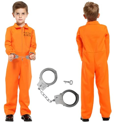 WELLXUNK Sträfling Kostüm Kinder, Häftling Kostüm für Kinder, Orange Prisoner Jumpsuit mit Handschellen, Gefängniskostüm Uniform für Karneval Cosplay Halloween Mottoparty
