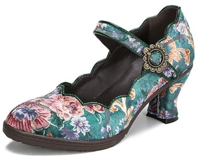 SOCOFY Kvinnor Läder Mary Jane-skor Färgglada Läder Oxfordskor Vintage Läderpumpar Dam Färgglada lappord blockklack Pumpar Mid Kattunge Hälpumps Skor Ankelrem Bröllopsklänning Kväll Festskor, gRÖN, 39