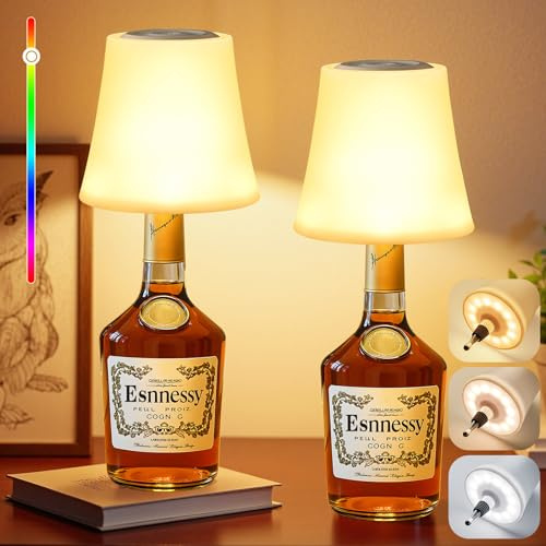 Lámparas para Botella Sin Cable, Lámpara de Mesa Inalámbrica LED Recargable, 3 Temperaturas Color+RGB, Brillo Ajustable, Botón Táctil, IP54 Impermeable Lámpara de Noche para Restaurante, Dormitorio