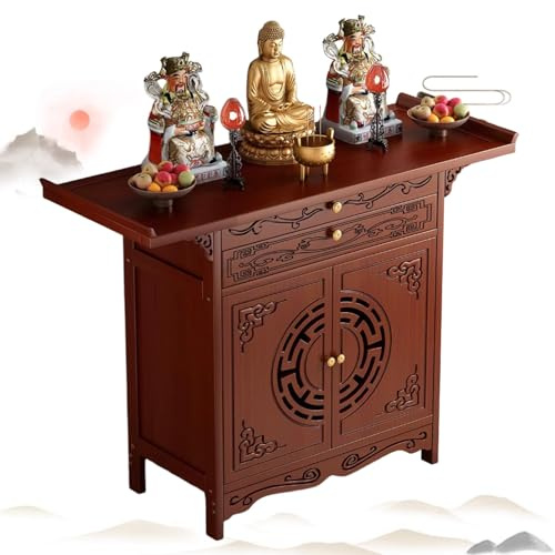 Pink Palm Table d'autel de méditation avec Armoire de Rangement, Style Chinois rétro, Table de méditation pour Salon (Brun rougeâtre, 66 cm)