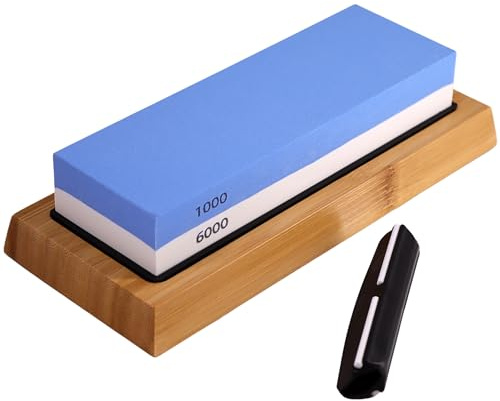 Lacers PurpleLine 2-in-1 Wetzstein Set 1000/6000 – Doppelseitiger Schleifstein (Abziehstein) – Messerschärfer mit rutschfestem Bambus-Halter & Winkelführung für Messer